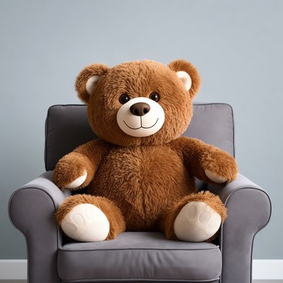Brown teddy bear sitting in gray chair
