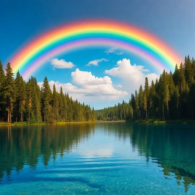 Rainbow over lake and pine forest