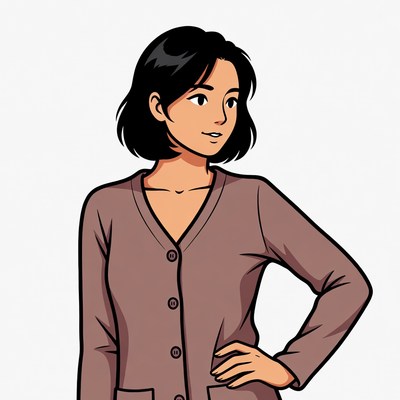Asian woman in brown cardigan