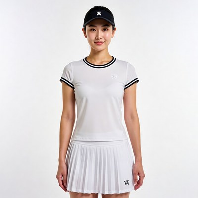 Asian woman in white tennis uniform