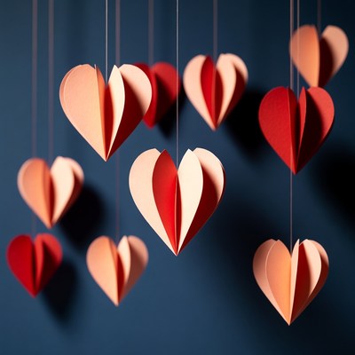 Hanging Paper Hearts on Dark Background