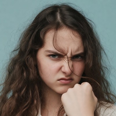 Woman making angry fist gesture