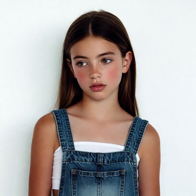 Girl in denim overalls on white background