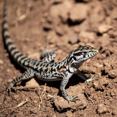 Striped lizard on sandy ground