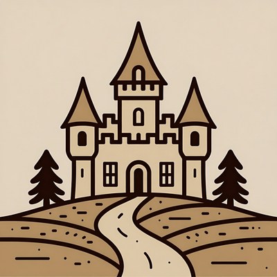 Cartoon Castle on Hill with Trees