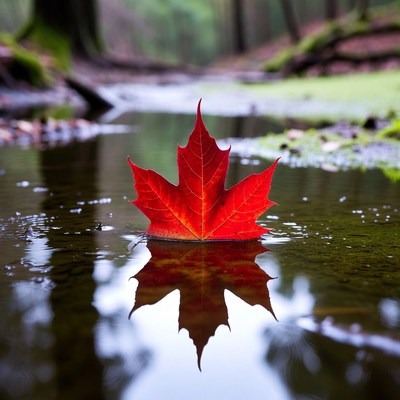 Red Maple Leaf Floating in Forest Stream
