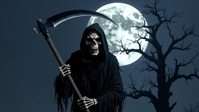 Grim Reaper with Scythe under Moon