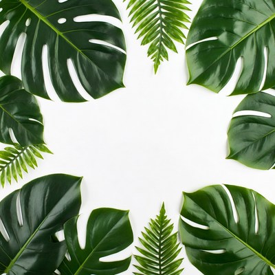 Monstera and Fern Leaves on White