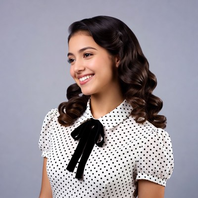 Latina woman in polka dot blouse smiling