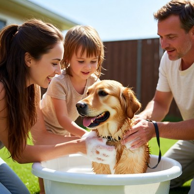 Family bathing golden retriever puppy