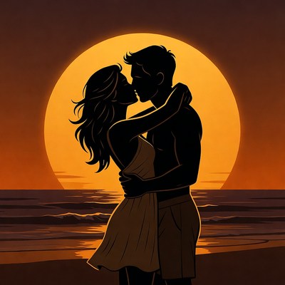 Silhouette couple kissing at sunset beach