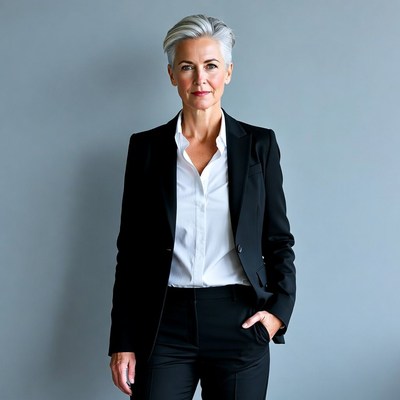 Silver-haired woman in black suit