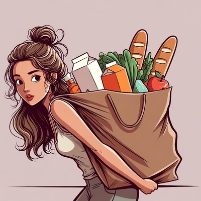 Woman carrying grocery bag illustration