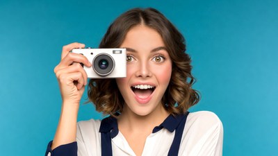 Excited woman holding camera