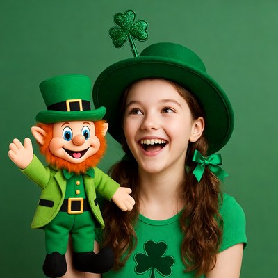 Girl with Leprechaun Plush Toy