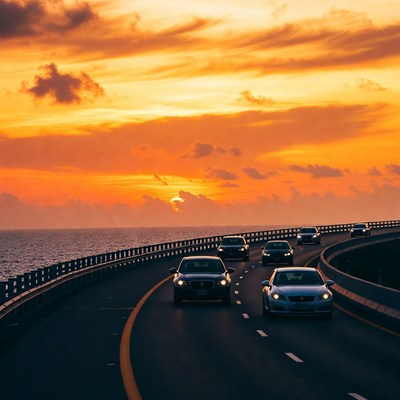 Cars Driving on Bridge at Sunset