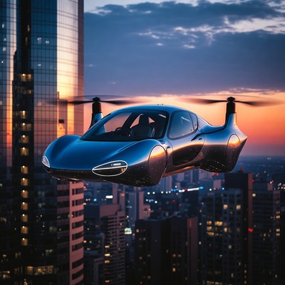 Futuristic Flying Car Over City Skyline