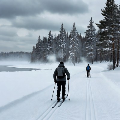 Men cross-country skiing snowy forest trail