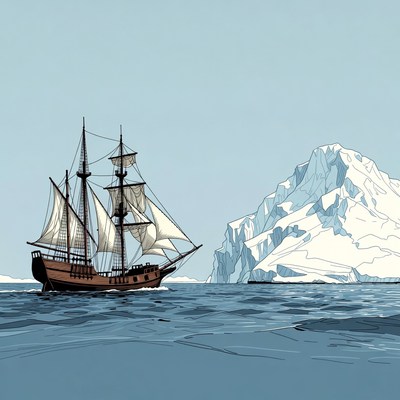 Sailing Ship Near Iceberg