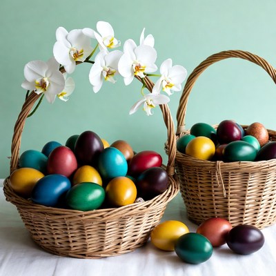 Colorful Easter Eggs in Wicker Baskets