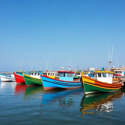 Colorful fishing boats docked at harbor