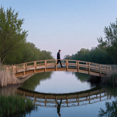 Man walking on wooden bridge