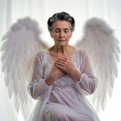 Elderly woman with angel wings
