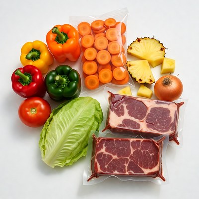Fresh vegetables and packaged meat