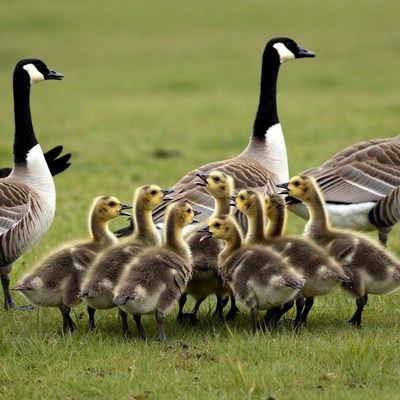 Canada Geese with Goslings in Grass