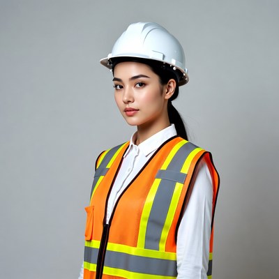 Asian woman in hard hat and vest