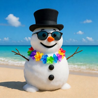 Snowman with sunglasses and lei on beach