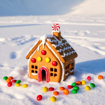 Gingerbread house in snow