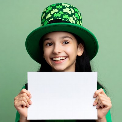 Girl holding blank sign in shamrock hat
