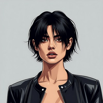 Asian woman in black leather jacket