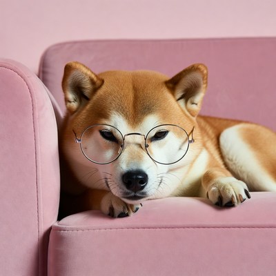 Shiba Inu wearing glasses on pink couch