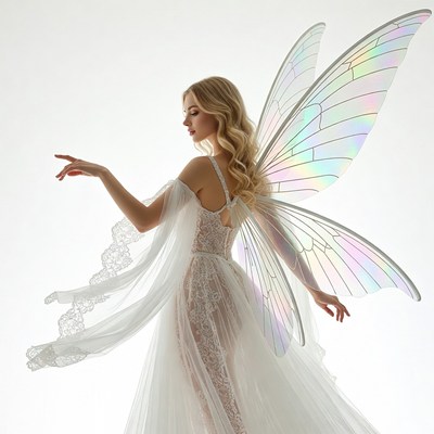 Blonde woman with iridescent fairy wings
