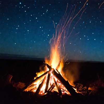 Campfire Burning Under Starry Night Sky