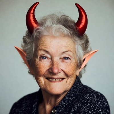Elderly woman with red devil horns
