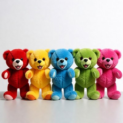 Five colorful teddy bears lined up