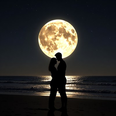 Silhouette couple embracing under full moon