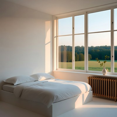 White Bed by Window with Forest View
