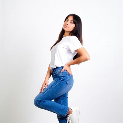 Asian woman posing in white shirt jeans