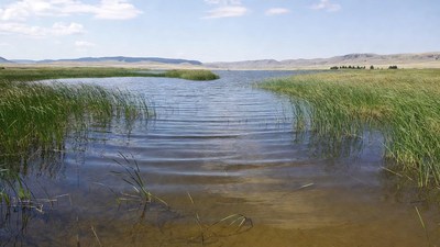 Scenic river bend with reeds and mountains