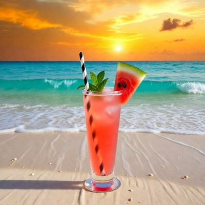 Watermelon Drink on Beach at Sunset