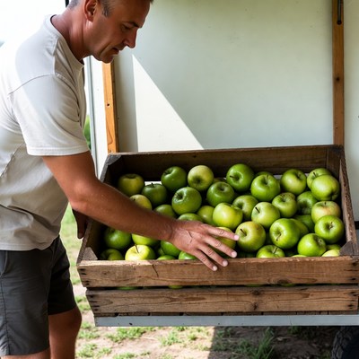 Man picking green apples from crate