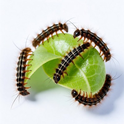 Group of Caterpillars on Green Leaf
