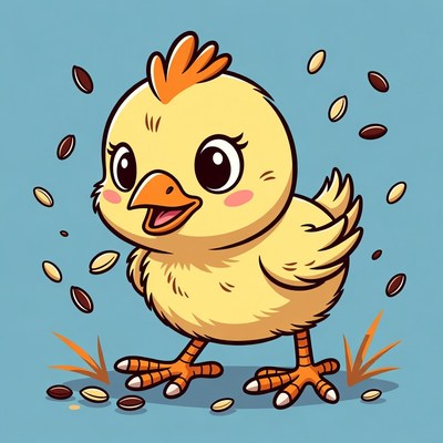 Cute cartoon chick eating seeds