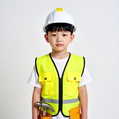 Asian boy in hard hat and vest