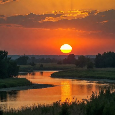 Sunset over River with Trees
