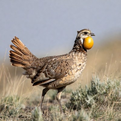 Quail holding orange egg